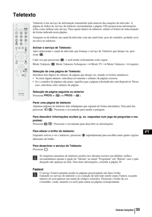 Page 15435
PT
Teletexto
Teletexto é um serviço de informação transmitido pela maioria das estações de televisão. A 
página do índice do serviço de teletexto (normalmente a página 100) proporciona informações 
sobre como utilizar este serviço. Para operar dentro do teletexto, utilize os botões do telecomando 
da forma indicada nesta página.
Assegure-se de utilizar um canal de televisão com um sinal forte, pois de contrário, poderão ocor-
rer erros no teletexto.
Activar o serviço de Teletexto:
Após seleccionar o...