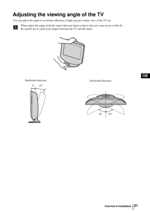 Page 2021
GB
Adjusting the viewing angle of the TV
You can adjust the angle to avoid the reflection of light and get a better view of the TV set.
When adjust the angle, hold the stand with your hand so that it does not come loose or fall off.
Be careful not to catch your fingers between the TV and the stand.
Backward direction
Horizontal direction
 3º       15º
25º         25º
Overview & Installation
 