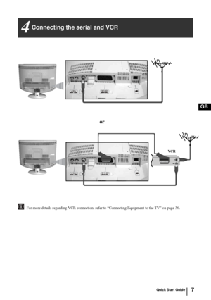 Page 67
GB
or
VCR
Connecting the aerial and VCR4
         For more details regarding VCR connection, refer to “Connecting Equipment to the TV” on page 36.
Quick Start Guide
 