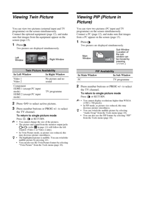 Page 1414 GB
KLV-22S570A
4-142-343-11(1)
Viewing Twin Picture
You can view two pictures (external input and TV 
programme) on the screen simultaneously.
Connect the optional equipment (page 12), and make 
sure that images from the equipment appear on the 
screen (page 13).
1Press .
Two pictures are displayed simultaneously.
2Press G/g to select active picture.
3Press number buttons or PROG +/– to select 
the TV channel.
To return to single picture mode
Press  ,   or RETURN.
 You cannot change the size of the...