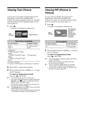 Page 1414 GB
KLV-37/32/26S550A/KLV-32S530A
4-130-985-13(1)
Viewing Twin Picture
You can view two pictures (external input and TV 
programme) on the screen simultaneously.
Connect the optional equipment (page 12), and make 
sure that images from the equipment appear on the 
screen (page 13).
1Press .
Two pictures are displayed simultaneously.
* For KLV-32S530A
** For KLV-37S550A/KLV-32S550A/KLV-26S550A
2Press G/g to select active picture.
3Press number buttons or PROG +/– to select 
the TV channel.
To return to...