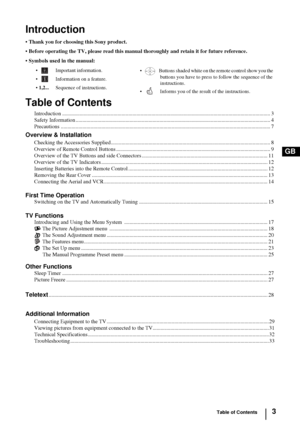 Page 23
GB
Introduction
• Thank you for choosing this Sony product.
• Before operating the TV, please read this manual thoroughly and retain it for future reference.
• Symbols used in the manual:
Table of Contents
Introduction .......................................................................................................................................................... 3
Safety Information...