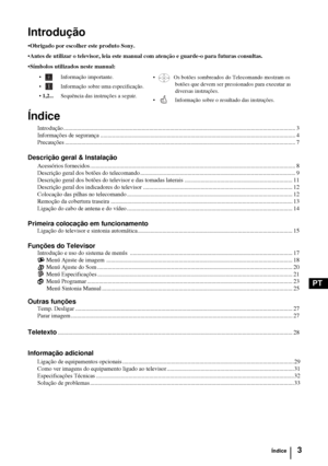 Page 1013
PT
Introdução
•Obrigado por escolher este produto Sony.
•Antes de utilizar o televisor, leia este manual com atenção e guarde-o para futuras consultas.
•Símbolos utilizados neste manual:
Índice
Introdução ............................................................................................................................................................. 3
Informações de segurança...