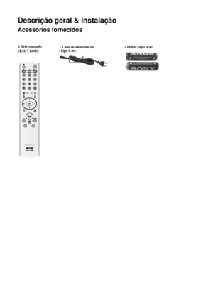 Page 1068
Descrição geral & Instalação
Acessórios fornecidos
1 Cabo de alimentação  
(Tipo C-6):2 Pilhas (tipo AA):1 Telecomando
(RM-Y1108):
Descrição geral & Instalação
 