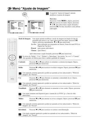 Page 11618
Menú Ajuste de Imagem
O menú de Ajuste de Imagem permite 
modificar os ajustes de imagem.
Para isso:
Pressione o botão 
MENU e, depois, pressione 
OK para activar este menú. Depois, pressione   
v
 ou V  para seleccionar a opção desejada e 
pressione 
OK. Por fim, leia abaixo como utilizar 
cada opção.
Modo de Imagem  Esta opção permite modificar o modo de imagem em função do tipo de 
programa que estiver a ver. Após seleccionar esta opção, pressione OK. 
Depois, pressione repetidamente  
v ou V para...