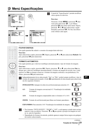 Page 11921
PT
Menú Especificações
O menú de Especificações permite modificar 
vários ajustes do televisor.
Para isso: 
Pressione o botão 
MENU e pressione v duas 
vezes para seleccionar  , e, por último, 
pressione 
OK para entrar neste menú. Depois, 
pressione  
v ou V para seleccionar a opção 
desejada e pressione 
OK. Por fim, leia abaixo 
como utilizar cada opção.
POUPAR ENERGIA
Esta opção permite-lhe reduzir o consumo de energia deste televisor.
Para isso:
Após seleccionar a opção, pressione 
OK. Depois,...