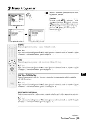 Page 12123
PT
Menú Programar
O menú Programar permite modificar várias 
opções deste televisor.
Para isso: 
Pressione o botão 
MENU e pressione  v  três 
vezes para seleccionar   e depois pressione 
OK  para aceder a este menú. Depois, pressione  
v ou V para seleccionar a opção desejada e 
pressione 
OK. Por fim, leia abaixo como 
utilizar cada opção.
IDIOMA
Esta opção permite seleccionar o idioma dos menús no ecrã. 
Para isso: 
Após seleccionar a opção, pressione 
OK e, depois, proceda da forma indicada no...