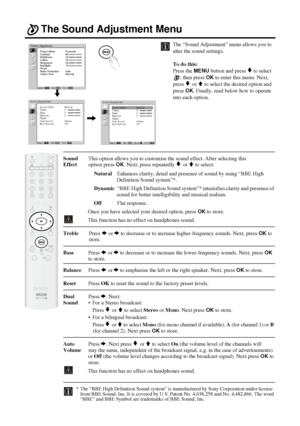 Page 1920
The Sound Adjustment Menu
The “Sound Adjustment” menu allows you to 
alter the sound settings.
To do this: 
Press the 
MENU button and press v to select 
, then press 
OK to enter this menu. Next, 
press 
v or V to select the desired option and 
press 
OK. Finally, read below how to operate 
into each option. 
SoundThis option allows you to customise the sound effect. After selecting this
Effectoption press 
OK. Next, press repeatedly v or V to select: 
NaturalEnhances clarity, detail and presence of...