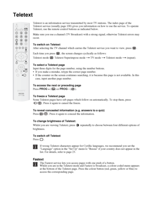 Page 2728
Teletext
Teletext is an information service transmitted by most TV stations. The index page of the 
Teletext service (usually page 100) gives you information on how to use the service. To operate 
Teletext, use the remote control buttons as indicated below.
Make sure you use a channel (TV Broadcast) with a strong signal, otherwise Teletext errors may 
occur.
To switch on Teletext
After selecting the TV channel which carries the Teletext service you want to view, press  .
Each time you press  , the...