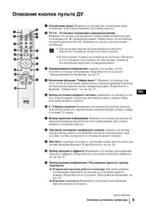 Page 419
RU
Описание кнопок пульта ДУ
1 Отключение звука: Нажмите эту кнопку для отключения звука 
телевизора. Для отмены нажмите эту кнопку еще раз.
2 TV I/  - 
Установка телевизора в дежурный режим: 
Нажмите эту кнопку для временного выключения телевизора (при 
этом индикатор   (Дежурный режим/ Таймер выкл.) на телевизоре 
загорится красным светом). Нажмите ее еще раз для включения 
телевизора.
• Для экономии энергии мы рекомендуем полностью
выключать телевизор, когда он не используется.
• Если в течение 15...