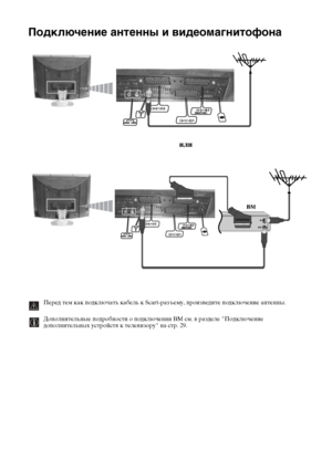 Page 4614
Подключение антенны и видеомагнитофона
или
ВМ
Описание и установка телевизора
Перед тем как подключать кабель к Scart-разъему, произведите подключение антенны.
Дополнительные подробности о подключении ВМ см. в разделе "Подключение 
дополнительных устройств к телевизору" на стр. 29.
;olnHoadFd Цrom TVцCanuaH.com CanuaHs 