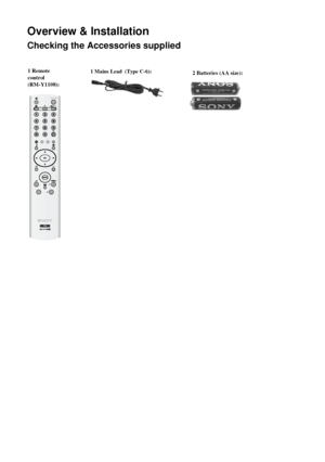 Page 78
Overview & Installation
Checking the Accessories supplied
1 Mains Lead  (Type C-6):   2 Batteries (AA size):1 Remote 
control 
(RM-Y1108):
Overview & Installation
 