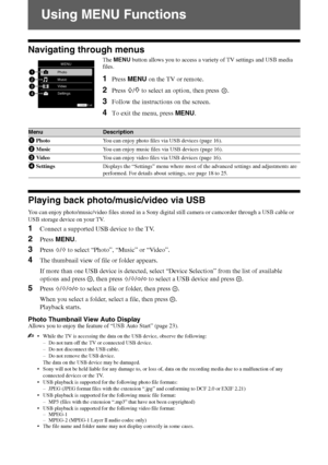 Page 16D:\Cmengs JOB\SONY TV\SY0251_T1 (Rev-
3)\7239131_GB\8MEN.fmmasterpage:Left
KLV-40/32EX600/55/46/40/32EX500/46/40/32EX400/32/26/22EX300/40/32NX500/32/26NX400
4-167-239-13(1)
16 GB
Using MENU Functions
Navigating through menus
Playing back photo/music/video via USB
You can enjoy photo/music/video files stored in a Sony digital still camera or camcorder through a USB cable or 
USB storage device on your TV.
1Connect a supported USB device to the TV.
2Press MENU.
3Press F/f to select “Photo”, “Music” or...