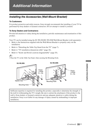 Page 3333 GB
F:\SONY STM\Sony STM 2009 Jobs\Grp S2\JC090373_4138285121 Grp 
S2 RevlatestGB\4138285121\ADD.fmmasterpage:Left
KLV-52/46/40/32V550A/40/32V530A/40S550A
4-138-285-12(1)
Additional Information
Additional Information
Installing the Accessories (Wall-Mount Bracket)
To Customers:
For product protection and safety reasons, Sony strongly recommends that installing of your TV be 
performed by Sony dealers or licensed contractors. Do not attempt to install it yourself.
To Sony Dealers and Contractors:...