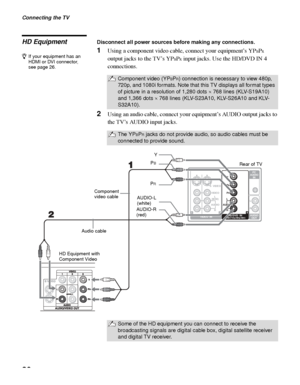 Page 20Connecting the TV
20
HD EquipmentDisconnect all power sources before making any connections.
1Using a component video cable, connect your equipment’s YPBPR 
output jacks to the TV’s YP
BPR input jacks. Use the HD/DVD IN 4 
connections.
2Using an audio cable, connect your equipment’s AUDIO output jacks to 
the TV’s AUDIO input jacks.
Component video (YPBPR) connection is necessary to view 480p, 
720p, and 1080i formats. Note that this TV displays all format types 
of picture in a resolution of 1,280 dots...