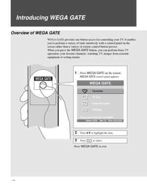 Page 4242
Introducing WEGA GATE
Overview of WEGA GATE
WEGA GATE provides one button access for controlling your TV. It enables 
you to perform a variety of tasks intuitively with a control panel on the 
screen rather than a variety of remote control button presses.
When you press the WEGA GATE button, you can perform basic TV 
operation: your favorite channels, watching TV, images from external 
equipment or setting menus.
TOP MENU MENU GUIDE SLEEP
F1 FUNCTION
F2
RETURNWEGA GATE
Show your Favorite Channels...