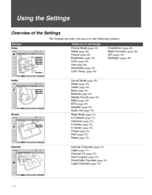 Page 4646
Using the Settings
Overview of the Settings
The Settings provides you access to the following features:
SettingsAllows you to set/change
VideoPicture Mode (page 48)
Reset (page 48)
Picture (page 48)
Brightness (page 48)
Color (page 48)
Hue (page 48)
Sharpness (page 48)
Color Temp. (page 48)CineMotion (page 48)
Black Corrector (page 48)
NR (pages 48)
Backlight (pages 48)
AudioSound Mode (page 49)
Reset (page 49)
Tr e b l e  (page 49)
Bass (page 49)
Balance (page 49)
Steady Sound (page 49)
Effect (page...