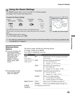 Page 55Using the Settings
55
Using the Settings
Selecting Parent 
OptionsThe Parent settings includes the following options:
To change settings, press VvB b.
Press   to confirm the selection.
 Using the Parent Settings
The Parent settings allows you to set up the TV to block programs 
according to their content and rating levels.
To select the Parent settings
1.Press 
WEGA GATE2.Select 
Settings3.Highlight 
Parent4.Press 
to select
Use 0-9 on the remote control to enter a four-digit password.
The first time you...