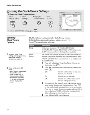 Page 58Using the Settings
58
Selecting 
Clock/Timers 
OptionsThe Clock/Timers settings includes the following options:
To highlight an option and to change settings, press VvB b.
Press   to confirm the selection.
 Using the Clock/Timers Settings
To Select the Clock/Timers settings
1.Press 
WEGA GATE2.Select 
Settings3.Highlight 
Clock/Timers4.Press 
to select
To  e x i t  t h e  Clock/Timers settings, press  . 
Clock/Timers TVSleep: Off
Timer 1:  Off
Timer 2:  Off
Current  TimeOff
15 minutes
30 minutes
45...