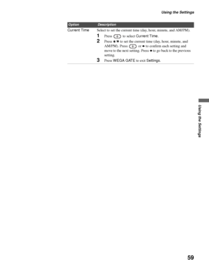 Page 59Using the Settings
59
Using the Settings
Current TimeSelect to set the current time (day, hour, minute, and AM/PM).
1Press   to select Current Time.
2Press V/v to set the current time (day, hour, minute, and 
AM/PM). Press   or b to confirm each setting and 
move to the next setting. Press B to go back to the previous 
setting.
3Press WEGA GATE to exit Settings.
OptionDescription
 