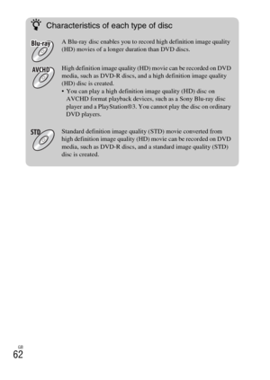 Page 62GB
62
zCharacteristics of each type of disc
A Blu-ray disc enables you to record high definition image quality 
(HD) movies of a longer duration than DVD discs.
High definition image quality (HD) movie can be recorded on DVD 
media, such as DVD-R discs, and a high definition image quality 
(HD) disc is created.
 You can play a high definition image quality (
HD) disc on 
AVCHD format playback devices, such as a Sony Blu-ray disc 
player and a PlayStation®3. You cannot play the disc on ordinary 
DVD...
