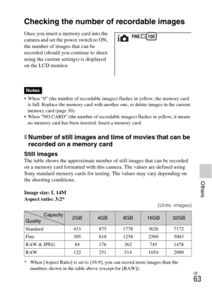Page 63GB
63
Others
Others
Checking the number of recordable images
 When “0” (the number of recordable images) flashes in yellow, the memory card 
is full. Replace the memory card with another one, or delete images in the current 
memory card (page 30).
 When “NO CARD” (the number of recordable images) flashes in yellow, it means 
no memory card has been inserted. Insert a memory card.
xNumber of still images and time of movies that can be 
recorded on a memory card
Still imagesThe table shows the approximate...
