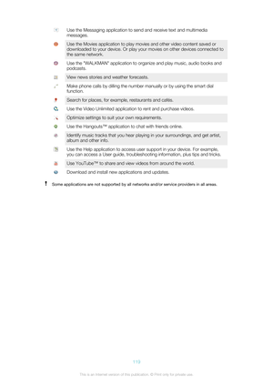 Page 119Use the Messaging application to send and receive text and multimedia
messages.Use the Movies application to play movies and other video content saved or
downloaded to your device. Or play your movies on other devices connected to
the same network.Use the "WALKMAN" application to organize and play music, audio books and
podcasts.View news stories and weather forecasts.Make phone calls by dilling the number manually or by using the smart dial
function.Search for places, for example, restaurants...