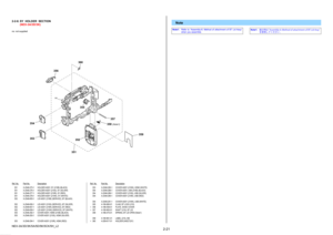 Page 26A6CCCE74558B3E905AD2CEF677F08944E4F80AE9D638E1A7EC0B95815DA1F3ED
NEX-3A/3D/3K/5A/5D/5K/5CK/5H_L2
2-21
Ref. No. Part No. DescriptionRef. No. Part No. Description
 351 X-2548-275-1 HOLDER ASSY, SY (210B) (BLACK) 351 X-2548-276-1 HOLDER ASSY (210S), SY (SILVER) 351 X-2548-277-1 HOLDER ASSY (210R), SY (RED) 351 X-2548-278-1 HOLDER ASSY (210W), SY (WHITE) 352 X-2548-655-1 LID ASSY (210B) (SERVICE), BT (BLACK)
 352 X-2548-656-1 LID ASSY (210S) (SERVICE), BT (SILVER) 352 X-2548-657-1 LID ASSY (210R) (SERVICE),...