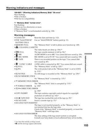Page 153Additional Information
153
Warning indicators and messages
100-0001 “(Warning indicators) Memory Stick” file error*
Slow flashing:
•File is broken.
•File has no compatibility.
 “Memory Stick” format error*
Fast flashing:
•There are two directories or more.
•Data is broken.
•“Memory Stick” is not formatted correctly (p. 108).
Warning messages
•CLOCK SET Reset the date and time (p. 112).
•FOR “InfoLITHIUM”Use an “InfoLITHIUM” battery pack (p. 11).
BATTERY ONLY
•MEMORY FULL The “Memory Stick” is full in...