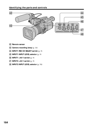 Page 164164
CH1•CH2
REC CH
SELECTINPUT
LEVEL+48VINPUT
LEVEL+48V
CH1LINE
MICON
OFFLINE
MIC
ATTMIC
ATT MICON
OFF
INPUT1 INPUT2
rfrs
rd
rg
rh
rj
rk
REC CH
SELECTINPUT
LEVEL+48V
INPUT2
Identifying the parts and controls
rsRemote sensor
rdCamera recording lamp (p. 16)
rfINPUT1 REC CH SELECT switch (p. 9)
rgINPUT1 INPUT LEVEL selector (p. 9)
rhINPUT1 +48 V switch (p. 9)
rjINPUT2 +48 V switch (p. 9)
rkINPUT2 INPUT LEVEL selector (p. 54) 