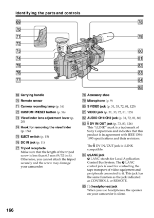 Page 166166
Identifying the parts and controls
ylCarrying handle
u;Remote sensor
uaCamera recording lamp (p. 16)
usCUSTOM PRESET button (p. 56)
udViewfinder lens adjustment lever (p.
20)
ufHook for removing the viewfinder
(p. 156)
ugEJECT switch (p. 15)
uhDC IN jack (p. 11)
ujTripod receptacle
Make sure that the length of the tripod
screw is less than 6.5 mm (9/32 inch).
Otherwise, you cannot attach the tripod
securely and the screw may damage
your camcorder.ukAccessory shoe
ulMicrophone (p. 9)
i;S VIDEO jack...