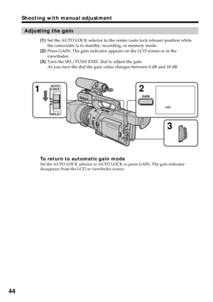 Page 4444
Adjusting the gain
(1)Set the AUTO LOCK selector to the center (auto lock release) position while
the camcorder is in standby, recording, or memory mode.
(2)Press GAIN. The gain indicator appears on the LCD screen or in the
viewfinder.
(3)Turn the SEL/PUSH EXEC dial to adjust the gain.
As you turn the dial the gain value changes between 0 dB and 18 dB.
To return to automatic gain modeSet the AUTO LOCK selector to AUTO LOCK or press GAIN. The gain indicator
disappears from the LCD or viewfinder...