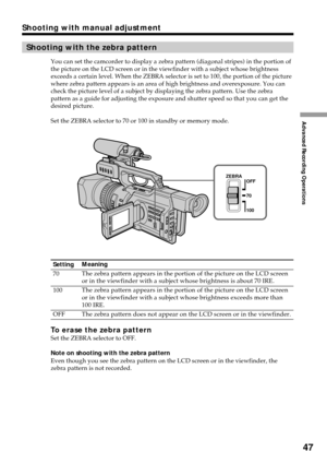 Page 4747
Advanced Recording Operations
Shooting with the zebra pattern
You can set the camcorder to display a zebra pattern (diagonal stripes) in the portion of
the picture on the LCD screen or in the viewfinder with a subject whose brightness
exceeds a certain level. When the ZEBRA selector is set to 100, the portion of the picture
where zebra pattern appears is an area of high brightness and overexposure. You can
check the picture level of a subject by displaying the zebra pattern. Use the zebra
pattern as a...