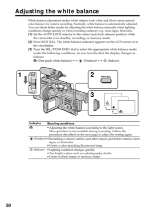 Page 5050
Adjusting the white balance
White balance adjustment makes white subjects look white and allows more natural
color balance for camera recording. Normally, white balance is automatically adjusted.
You can obtain better results by adjusting the white balance manually when lighting
conditions change quickly or when recording outdoors: e.g., neon signs, fireworks.
(1)Set the AUTO LOCK selector to the center (auto lock release) position while
the camcorder is in standby, recording, or memory mode.
(2)Press...
