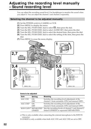 Page 5252
Adjusting the recording level manually
– Sound recording level
You can adjust the recording sound level. Use headphones to monitor the sound when
you adjust it. You can adjust the channel 1 and channel 2 separately.
Selecting the channel to be adjusted manually
(1)Set the POWER switch to CAMERA or VCR.
(2)Press MENU to display the menu.
(3)Turn the SEL/PUSH EXEC dial to select 
, then press the dial.
(4)Turn the SEL/PUSH EXEC dial to select AUDIO SET, then press the dial.
(5)Turn the SEL/PUSH EXEC...