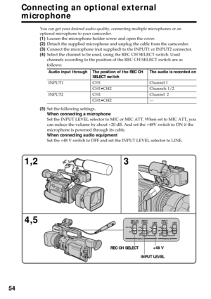 Page 5454
Connecting an optional external
microphone
You can get your desired audio quality, connecting multiple microphones or an
optional microphone to your camcorder.
(1)Loosen the microphone holder screw and open the cover.
(2)Detach the supplied microphone and unplug the cable from the camcorder.
(3)Connect the microphone (not supplied) to the INPUT1 or INPUT2 connector.
(4)Select the channel to be used, using the REC CH SELECT switch. Used
channels according to the position of the REC CH SELECT switch are...