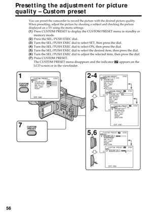 Page 5656
Presetting the adjustment for picture
quality – Custom preset
You can preset the camcorder to record the picture with the desired picture quality.
When presetting, adjust the picture by shooting a subject and checking the picture
displayed on a TV using the menu settings.
(1)Press CUSTOM PRESET to display the CUSTOM PRESET menu in standby or
memory mode.
(2)Press the SEL/PUSH EXEC dial.
(3)Turn the SEL/PUSH EXEC dial to select SET, then press the dial.
(4)Turn the SEL/PUSH EXEC dial to select ON, then...