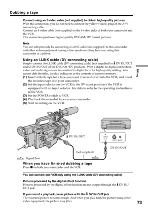 Page 73Editing
73
Dubbing a tape
Connect using an S video cable (not supplied) to obtain high-quality pictures
With this connection, you do not need to connect the yellow (video) plug of the A/V
connecting cable.
Connect an S video cable (not supplied) to the S video jacks of both your camcorder and
the VCR.
This connection produces higher quality DVCAM/DV format pictures.
Note
You can edit precisely by connecting a LANC cable (not supplied) to this camcorder
and other video equipment having a fine...