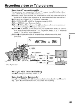 Page 81Editing
81
Recording video or TV programs
Using the A/V connecting cableYou can record a tape from another VCR or a TV program from a TV that has video/
audio outputs. Use your camcorder as a recorder.
(1)Insert a blank tape (or a tape you want to record over) into your camcorder. If
you want to record a tape from the VCR, insert a recorded tape into the VCR.
(2)Set the POWER switch to VCR on your camcorder.
(3)Set DISPLAY in 
 to LCD in the menu settings (p. 104).
(4)Press MENU to erase the menu...