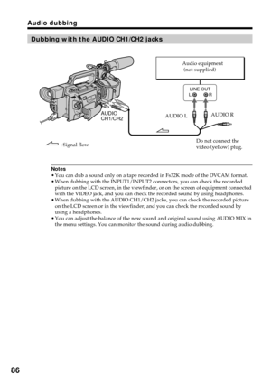 Page 8686
Dubbing with the AUDIO CH1/CH2 jacks
Notes
•You can dub a sound only on a tape recorded in Fs32K mode of the DVCAM format.
•When dubbing with the INPUT1/INPUT2 connectors, you can check the recorded
picture on the LCD screen, in the viewfinder, or on the screen of equipment connected
with the VIDEO jack, and you can check the recorded sound by using headphones.
•When dubbing with the AUDIO CH1/CH2 jacks, you can check the recorded picture
on the LCD screen or in the viewfinder, and you can check the...