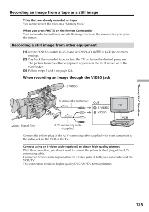 Page 125125
“Memory Stick” Operations
Recording an image from a tape as a still image
Titles that are already recorded on tapes
You cannot record the titles on a “Memory Stick.”
When you press PHOTO on the Remote Commander
Your camcorder immediately records the image that is on the screen when \
you press
the button.
Recording a still image from other equipment
(1 ) Set the POWER switch to VCR and set DISPLAY in  to LCD in the menu
settings.
( 2 ) Play back the recorded tape, or turn the TV on to see the desired...