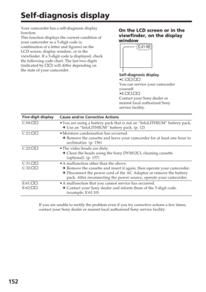 Page 152152
C:21:00
Self-diagnosis display
Your camcorder has a self-diagnosis display
function.
This function displays the current condition of
your camcorder as a 5-digit code (a
combination of a letter and figures) on the
LCD screen, display window, or in the
viewfinder. If a 5-digit code is displayed, check
the following code chart. The last two digits
(indicated by ss) will differ depending on
the state of your camcorder.On the LCD screen or in the
viewfinder, on the display
window
Self-diagnosis display...