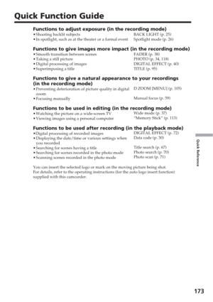 Page 173173
Quick Reference
Quick Function Guide
Functions to adjust exposure (in the recording mode)•Shooting backlit subjects
• In spotlight, such as at the theater or a formal event
Functions to give images more impact (in the recording mode)•Smooth transition between scenes
• Taking a still picture
• Digital processing of images
• Superimposing a title
Functions to give a natural appearance to your recordings
(in the recording mode)
•Preventing deterioration of picture quality in digital
zoom
• Focusing...