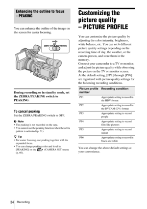 Page 34Recording34
Enhancing the outline to focus 
– PEAKING
You can enhance the outline of the image on 
the screen for easier focusing.
During recording or in standby mode, set 
the ZEBRA/PEAKING switch to 
PEAKING.
To cancel peaking
Set the ZEBRA/PEAKING switch to OFF.
bNote
 The peaking is not recorded on the tape.
 You cannot use the peaking function when the zebra 
pattern is activated (p. 31).
zTip
 For easier focusing, use peaking together with the 
expanded focus.
 You can change peaking color and...