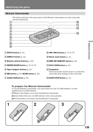 Page 139139
Additional information
1PHOTO button (p. 33)
2DISPLAY button (p. 22)
3Memory control buttons (p. 105)
4SEARCH MODE button (p. 74, 76, 77)
5Tape transport buttons (p. 22)
6REC button (p. 87)/MARK button (p. 84)
7 AUDIO DUB button (p. 89)
Identifying the parts
6
7
8
9
5
4
3
2
1
!£
!ª
!Á
!¼
Remote Commander
The buttons that have the same name on the Remote Commander as on the camcorder
function identically.
To prepare the Remote CommanderTo use the Remote Commander, you must insert two size AA (R6)...