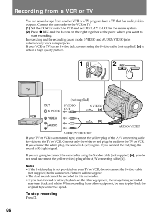 Page 8686
S VIDEO
VIDEO
AUDIO OUT[a]
[b]
12
POWER
OFFCAMERA
MEMORY
VTRREC
You can record a tape from another VCR or a TV program from a TV that has audio/video
outputs. Connect the camcorder to the VCR or TV.
(1)Set the POWER switch to VTR and set DISPLAY to LCD in the menu system.
(2)Press r REC and the button on the right together at the point where you want to
start recording.
In recording and the recording pause mode, S VIDEO and AUDIO/VIDEO jacks
automatically work as input jacks.
If your VCR or TV has an...