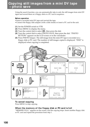 Page 100100
Copying still images from a mini DV tape
 Ð photo save
Using the search function, you can automatically take in only the still images from mini DV
tapes and record them on a floppy disk or a PC card in sequence.
Before operation
¥ Insert a recorded mini DV tape and rewind the tape.
¥ Connect the floppy disk adapter (with a disk inside) or insert a PC card to the unit.
(1)Set the POWER switch to VTR.
(2)Press MENU to display the menu.
(3)Turn the control dial to select 
, then press the dial.
(4)Turn...