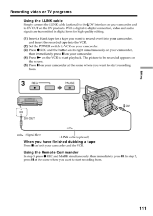 Page 111111
Editing
Using the i.LINK cableSimply connect the i.LINK cable (optional) to the  DV Interface on your camcorder and
to DV OUT on the DV products. With a digital-to-digital connection, video and audio
signals are transmitted in digital form for high-quality editing.
(1)Insert a blank tape (or a tape you want to record over) into your camcorder,
and insert the recorded tape into the VCR.
(2)Set the POWER switch to VCR on your camcorder.
(3)Press z REC and the button on its right simultaneously on your...