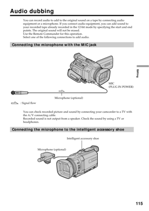Page 115115
Editing
You can record audio to add to the original sound on a tape by connecting audio
equipment or a microphone. If you connect audio equipment, you can add sound to
your recorded tape already recorded in the 12-bit mode by specifying the start and end
points. The original sound will not be erased.
Use the Remote Commander for this operation.
Select one of the following connections to add audio.
Connecting the microphone with the MIC jack
You can check recorded picture and sound by connecting your...