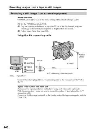 Page 146146
Recording images from a tape as still images
Recording a still image from external equipment
Before operation
Set DISPLAY in  to LCD in the menu settings. (The default setting is LCD.)
(1)Set the POWER switch to VCR.
(2)Play back the recorded tape, or turn the TV on to see the desired program.
The image of the external equipment is displayed on the screen.
(3)Follow steps 3 and 4 on page 144.
Using the A/V connecting cable
Connect the yellow plug of the A/V connecting cable to the video jack on the...